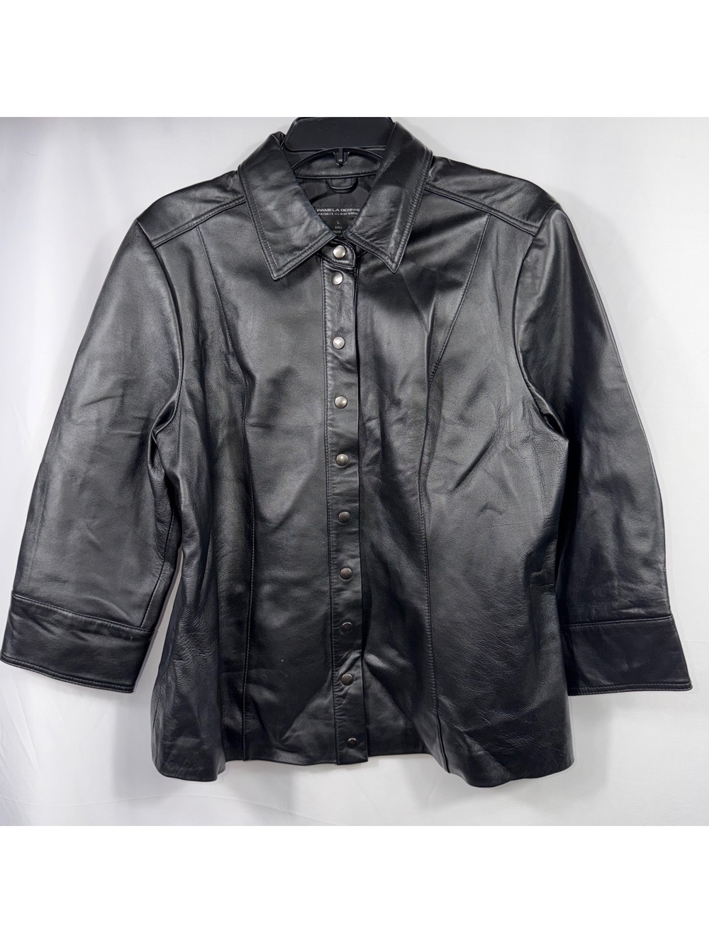 Pamela Dennis L Black Genuine Leather Snap Front Jacket
